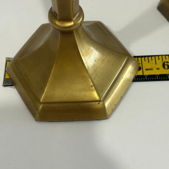 Vintage Brass Candlesticks Holder Featuring Six Sided Hexagonal Base Design - Picture 8 of 12